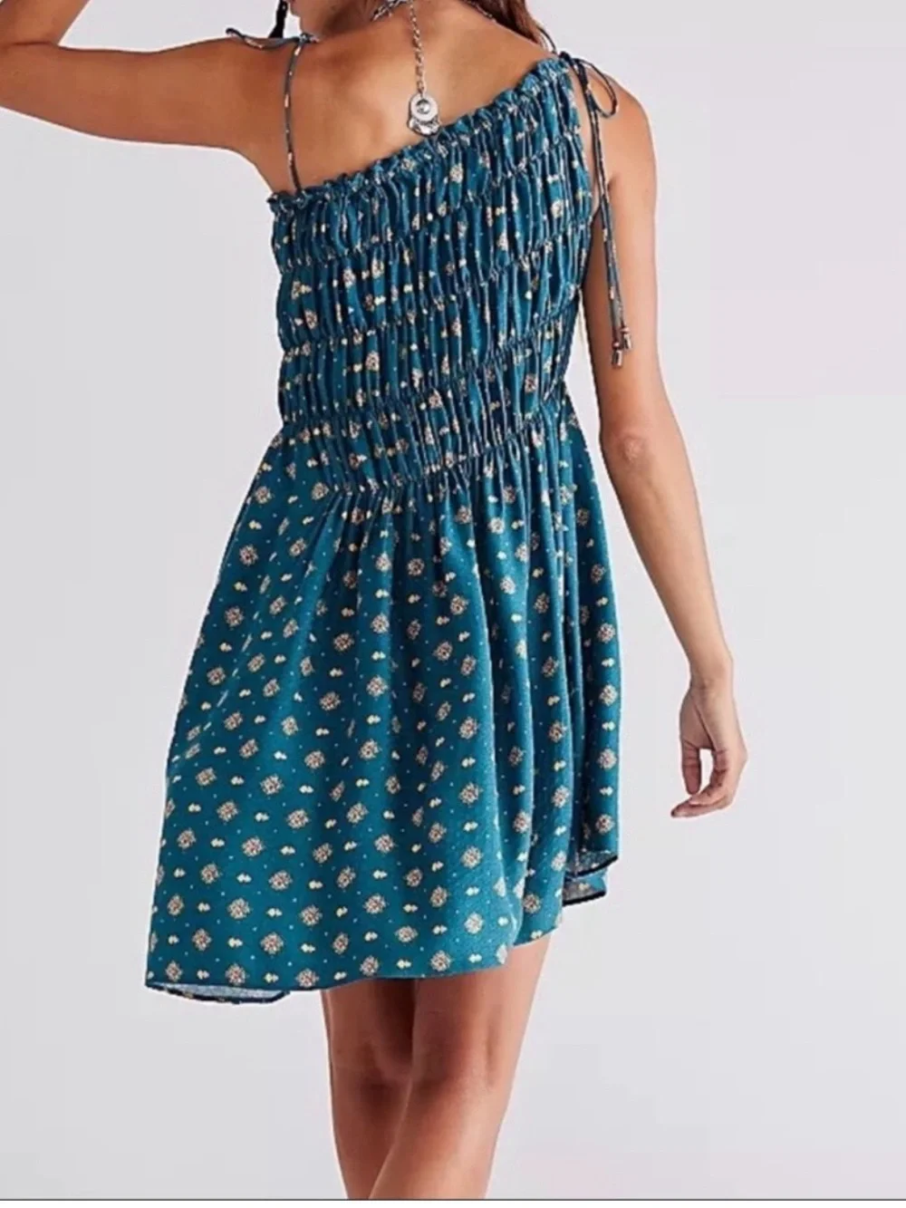 Free People Clementina Asymmetrical Mini Dress Teal Blue size Large Oversized